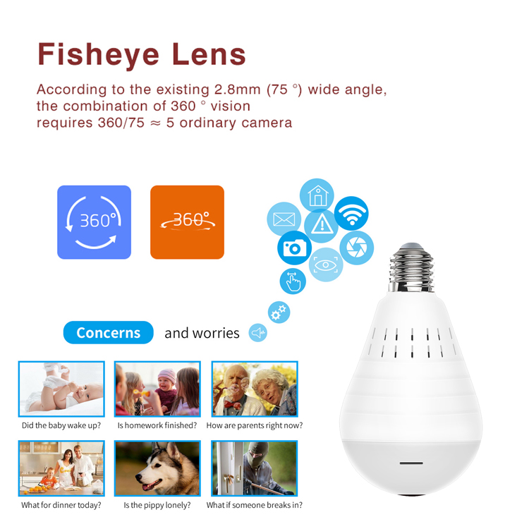 960P 360 degree white light wireless light bulb WiFi fisheye security camera